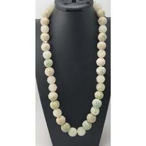 Vintage Carved Stone & Chalcedony Bead Necklace Shou Motif